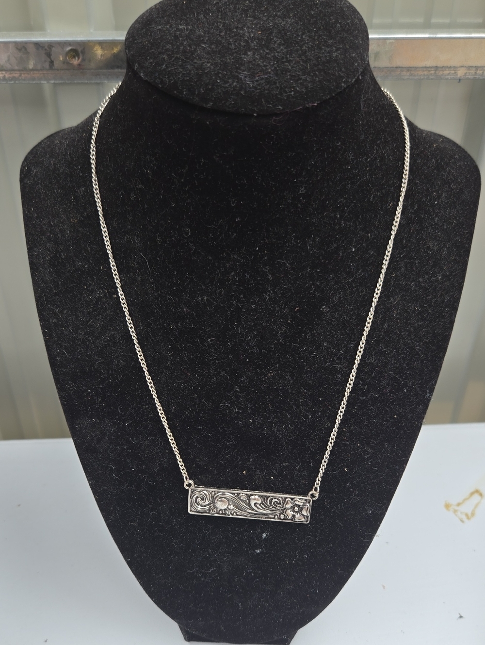 Sterling Silver Floral Bar Pendant Necklace - Silver